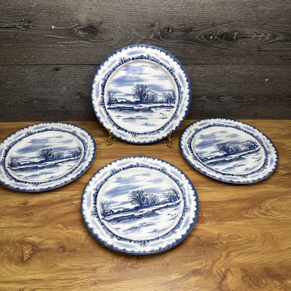International Riverwood 10-3/8” Dinner Plate Blue and White Farm Scene~4 Pc Set